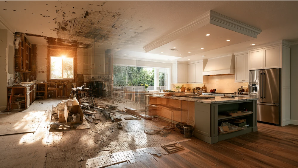 Kitchen renovation at different stages from demolition to finished remodel