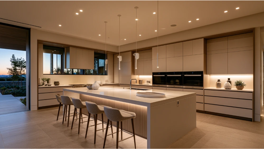 Contemporary kitchen with recessed, under-cabinet, and pendant lighting