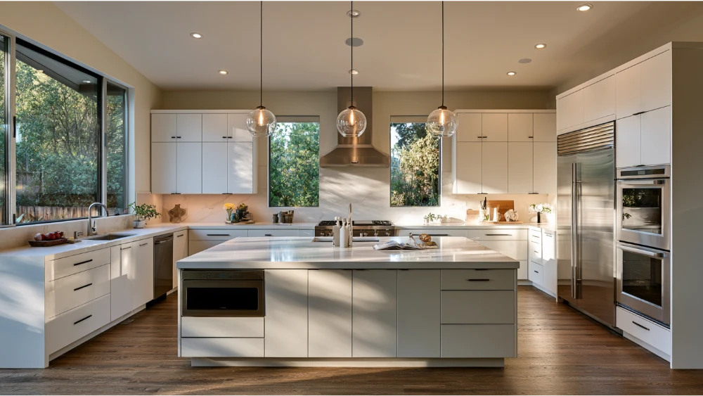 Finished luxury modern kitchen renovation with custom cabinetry and large island