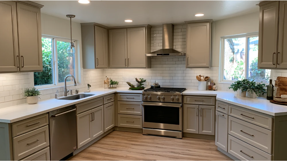 Freshly painted existing kitchen cabinets with updated finish and hardware