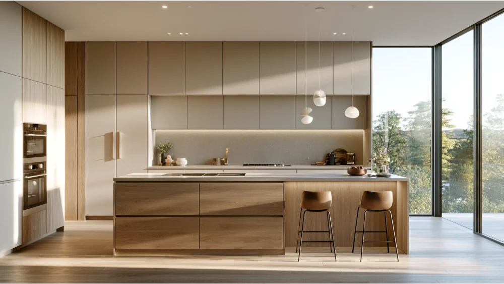 Contemporary kitchen with minimalist flat-panel cabinets and clean lines
